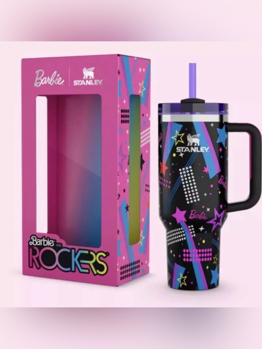 Stanley Black Tumbler Neon Pink Purple Blue Stars Barbie rockers 80’s